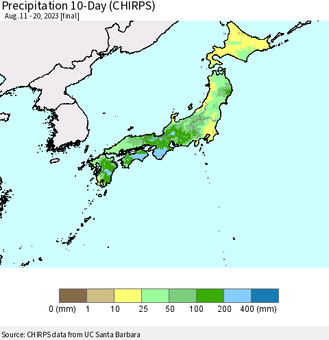 Japan Precipitation 10-Day (CHIRPS) Thematic Map For 8/11/2023 - 8/20/2023