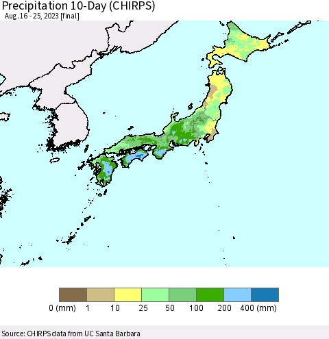 Japan Precipitation 10-Day (CHIRPS) Thematic Map For 8/16/2023 - 8/25/2023