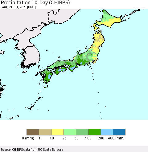 Japan Precipitation 10-Day (CHIRPS) Thematic Map For 8/21/2023 - 8/31/2023