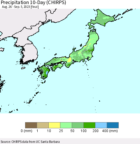 Japan Precipitation 10-Day (CHIRPS) Thematic Map For 8/26/2023 - 9/5/2023