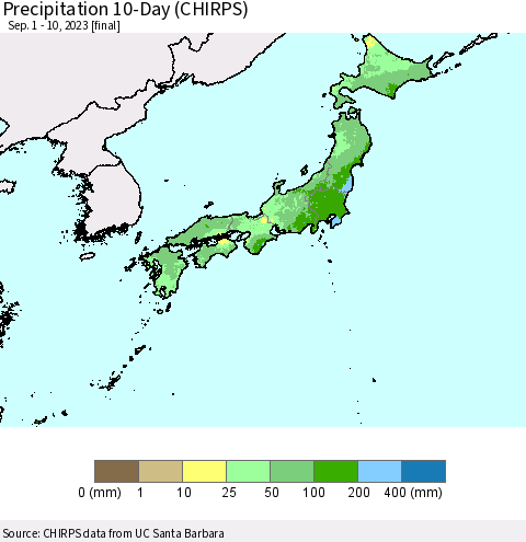 Japan Precipitation 10-Day (CHIRPS) Thematic Map For 9/1/2023 - 9/10/2023