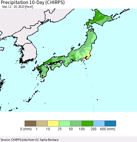 Japan Precipitation 10-Day (CHIRPS) Thematic Map For 9/11/2023 - 9/20/2023