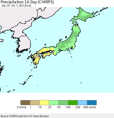 Japan Precipitation 10-Day (CHIRPS) Thematic Map For 9/26/2023 - 10/5/2023