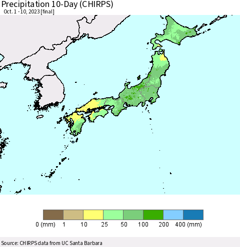 Japan Precipitation 10-Day (CHIRPS) Thematic Map For 10/1/2023 - 10/10/2023