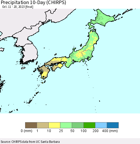 Japan Precipitation 10-Day (CHIRPS) Thematic Map For 10/11/2023 - 10/20/2023