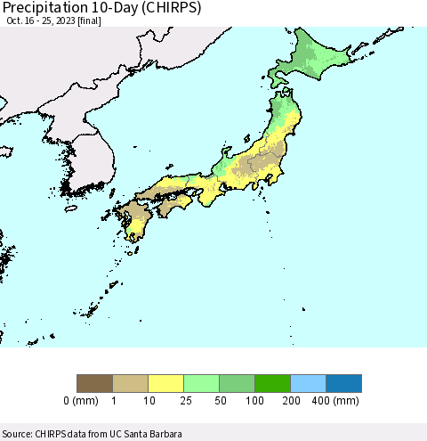 Japan Precipitation 10-Day (CHIRPS) Thematic Map For 10/16/2023 - 10/25/2023