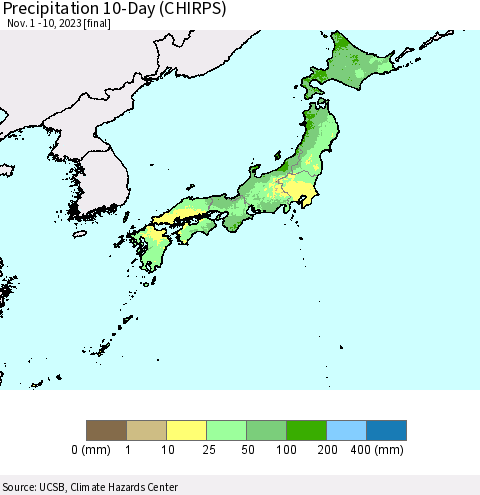 Japan Precipitation 10-Day (CHIRPS) Thematic Map For 11/1/2023 - 11/10/2023