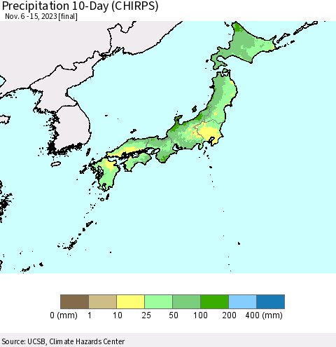 Japan Precipitation 10-Day (CHIRPS) Thematic Map For 11/6/2023 - 11/15/2023