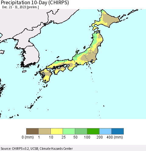 Japan Precipitation 10-Day (CHIRPS) Thematic Map For 12/21/2023 - 12/31/2023