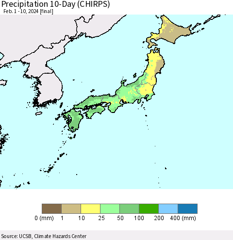 Japan Precipitation 10-Day (CHIRPS) Thematic Map For 2/1/2024 - 2/10/2024