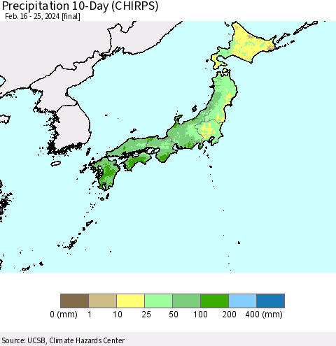 Japan Precipitation 10-Day (CHIRPS) Thematic Map For 2/16/2024 - 2/25/2024