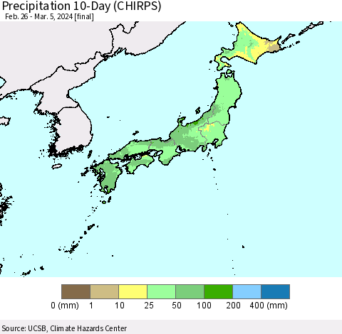 Japan Precipitation 10-Day (CHIRPS) Thematic Map For 2/26/2024 - 3/5/2024