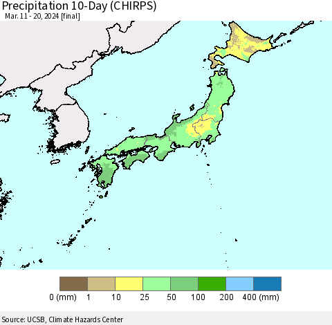 Japan Precipitation 10-Day (CHIRPS) Thematic Map For 3/11/2024 - 3/20/2024