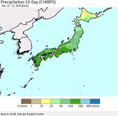 Japan Precipitation 10-Day (CHIRPS) Thematic Map For 3/21/2024 - 3/31/2024