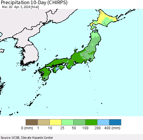Japan Precipitation 10-Day (CHIRPS) Thematic Map For 3/26/2024 - 4/5/2024