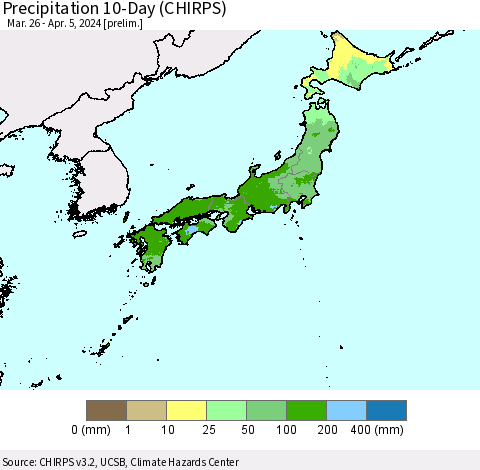 Japan Precipitation 10-Day (CHIRPS) Thematic Map For 3/26/2024 - 4/5/2024