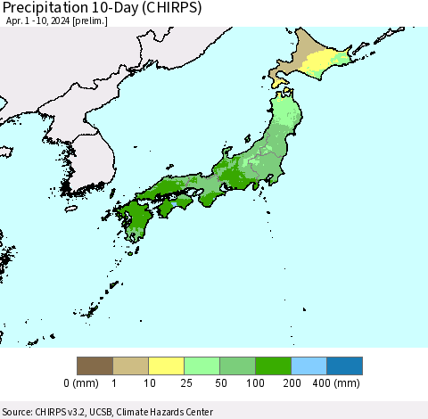 Japan Precipitation 10-Day (CHIRPS) Thematic Map For 4/1/2024 - 4/10/2024