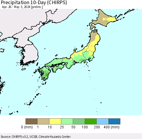 Japan Precipitation 10-Day (CHIRPS) Thematic Map For 4/26/2024 - 5/5/2024