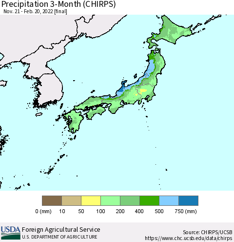 Japan Precipitation 3-Month (CHIRPS) Thematic Map For 11/21/2021 - 2/20/2022