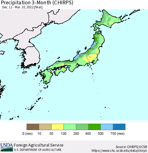 Japan Precipitation 3-Month (CHIRPS) Thematic Map For 12/11/2021 - 3/10/2022