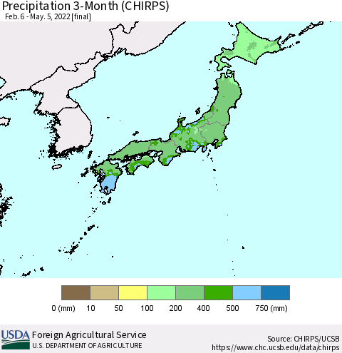Japan Precipitation 3-Month (CHIRPS) Thematic Map For 2/6/2022 - 5/5/2022