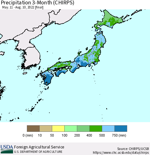 Japan Precipitation 3-Month (CHIRPS) Thematic Map For 5/11/2022 - 8/10/2022