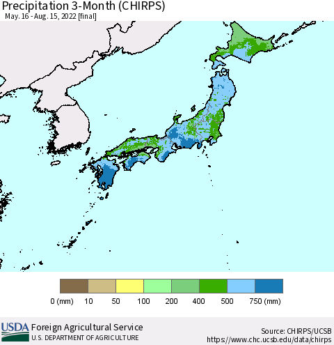 Japan Precipitation 3-Month (CHIRPS) Thematic Map For 5/16/2022 - 8/15/2022