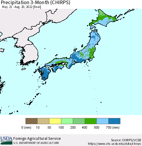 Japan Precipitation 3-Month (CHIRPS) Thematic Map For 5/21/2022 - 8/20/2022