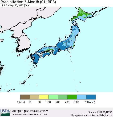 Japan Precipitation 3-Month (CHIRPS) Thematic Map For 7/1/2022 - 9/30/2022