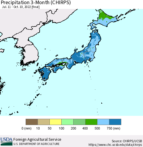 Japan Precipitation 3-Month (CHIRPS) Thematic Map For 7/11/2022 - 10/10/2022