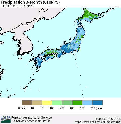 Japan Precipitation 3-Month (CHIRPS) Thematic Map For 7/21/2022 - 10/20/2022
