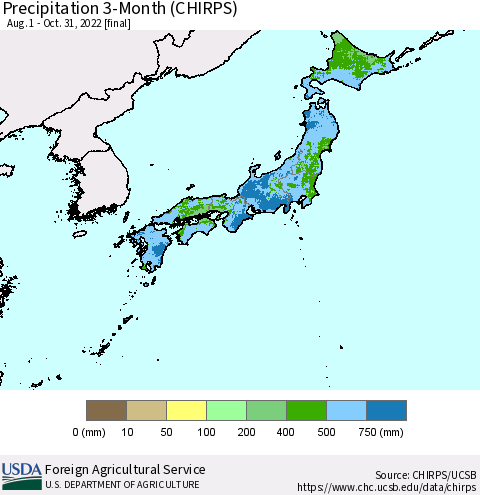 Japan Precipitation 3-Month (CHIRPS) Thematic Map For 8/1/2022 - 10/31/2022