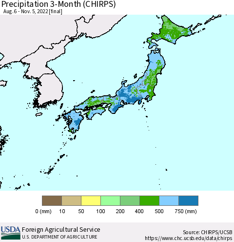 Japan Precipitation 3-Month (CHIRPS) Thematic Map For 8/6/2022 - 11/5/2022