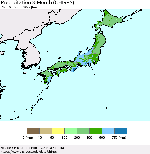 Japan Precipitation 3-Month (CHIRPS) Thematic Map For 9/6/2022 - 12/5/2022