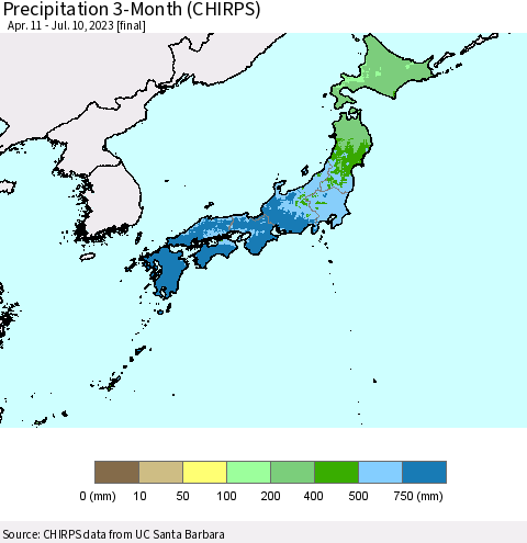 Japan Precipitation 3-Month (CHIRPS) Thematic Map For 4/11/2023 - 7/10/2023