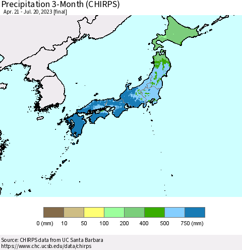 Japan Precipitation 3-Month (CHIRPS) Thematic Map For 4/21/2023 - 7/20/2023
