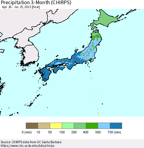Japan Precipitation 3-Month (CHIRPS) Thematic Map For 4/26/2023 - 7/25/2023