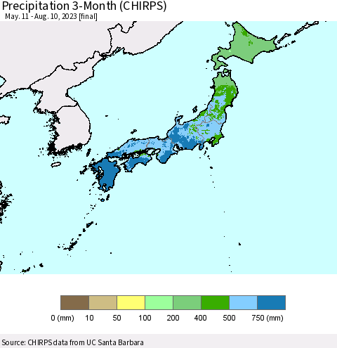 Japan Precipitation 3-Month (CHIRPS) Thematic Map For 5/11/2023 - 8/10/2023
