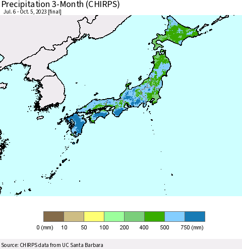 Japan Precipitation 3-Month (CHIRPS) Thematic Map For 7/6/2023 - 10/5/2023