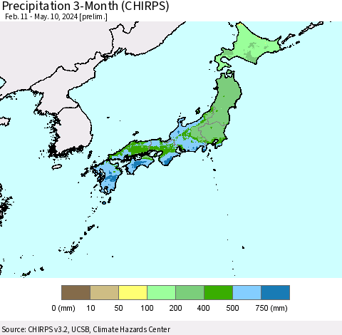 Japan Precipitation 3-Month (CHIRPS) Thematic Map For 2/11/2024 - 5/10/2024