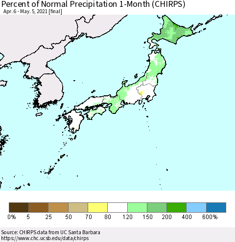 Japan Percent of Normal Precipitation 1-Month (CHIRPS) Thematic Map For 4/6/2021 - 5/5/2021