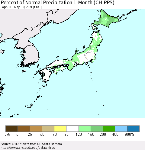 Japan Percent of Normal Precipitation 1-Month (CHIRPS) Thematic Map For 4/11/2021 - 5/10/2021