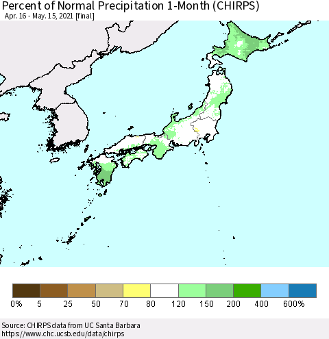 Japan Percent of Normal Precipitation 1-Month (CHIRPS) Thematic Map For 4/16/2021 - 5/15/2021