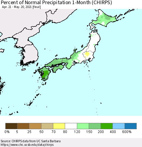 Japan Percent of Normal Precipitation 1-Month (CHIRPS) Thematic Map For 4/21/2021 - 5/20/2021