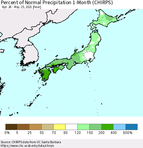 Japan Percent of Normal Precipitation 1-Month (CHIRPS) Thematic Map For 4/26/2021 - 5/25/2021