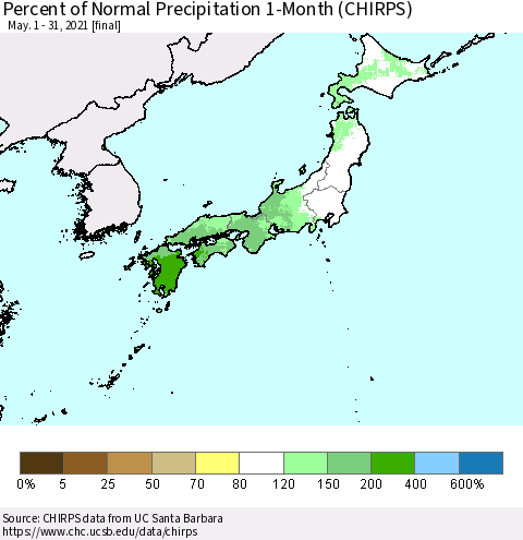 Japan Percent of Normal Precipitation 1-Month (CHIRPS) Thematic Map For 5/1/2021 - 5/31/2021