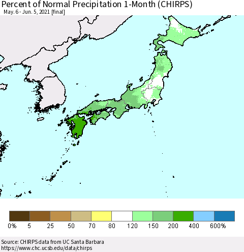 Japan Percent of Normal Precipitation 1-Month (CHIRPS) Thematic Map For 5/6/2021 - 6/5/2021