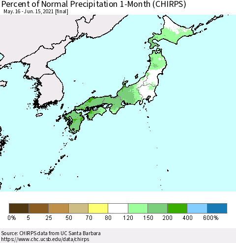 Japan Percent of Normal Precipitation 1-Month (CHIRPS) Thematic Map For 5/16/2021 - 6/15/2021
