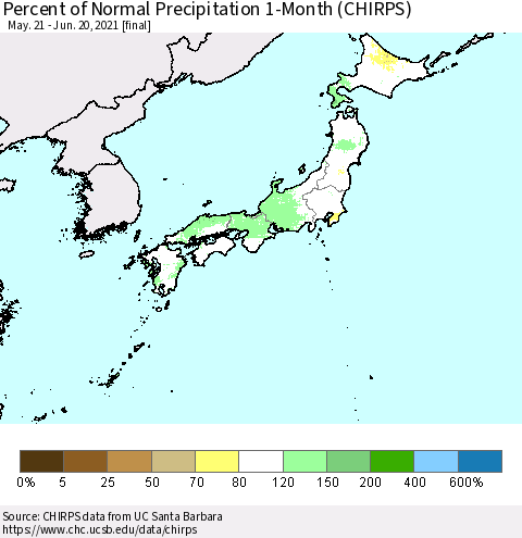 Japan Percent of Normal Precipitation 1-Month (CHIRPS) Thematic Map For 5/21/2021 - 6/20/2021