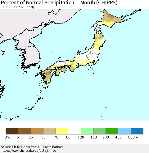 Japan Percent of Normal Precipitation 1-Month (CHIRPS) Thematic Map For 6/1/2021 - 6/30/2021